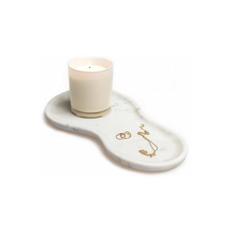 Large Curved Edge Marble Tray 14" x 7.8" â Natural Stone Vanity Tray for Perfume & Jewelry, Elegant White Marble Decor for Bathroom Countertop & Kitchen Counter, Modern Catchall for Keys & Candles