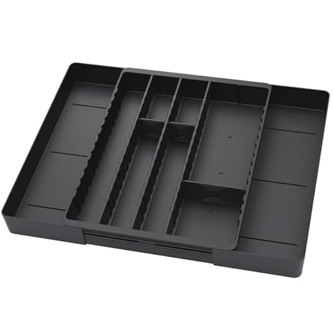 Fu Store Silverware Drawer Organizer DIY Customize Expandable Utensil Tray for Kitchen Upgraded Flatware Cutlery Holders Adjustable Plastic Tableware Storage for Spatula Spoons Forks Knives (Black)