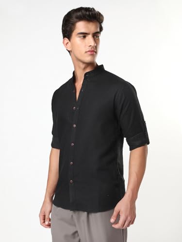 Image of Urbano Fashion Men's Linen Blend Full Sleeve Relaxed Fit Mandarin Collar Casual Solid Shirt