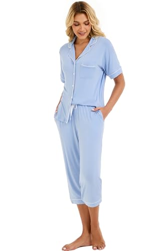 Image of LUBOT Womens Bamboo Viscose Pajamas for Women PJ Set 2 Piece Cooling Soft Short Sleeve Capri Pants Summer Sleepwear Set S-XXL