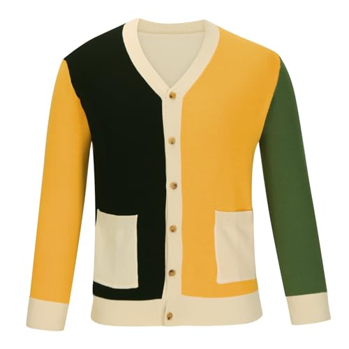 Men Color Block Cardigan Sweaters Long Sleeve V-Neck Slim Fit Casual Buttons Down Ribbed Knitted Sweater with Pockets2