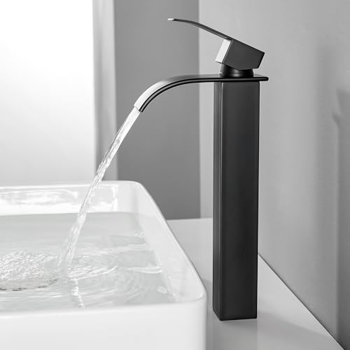 CECIPA Robinet Salle de Bain Noir Cascade Moderne, Robinet Lavabo avec Bec Haut 180mm en Acier Inoxydable, Mitigeur Lavabo Eau Chaude Froide pour Salle de Bain...