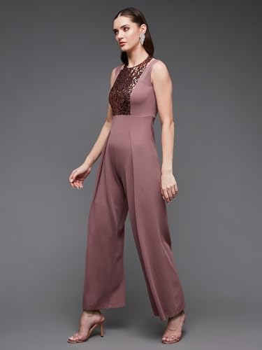 Image of Miss Chase Women's Halter Neck Sleeveless Solid Wide Leg Sequin Paneled Regular Length Jumpsuit