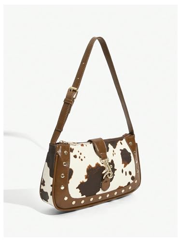 Women’s Cow Print Studded Underarm Bags Zipper Buckle Shoulder Handbags Retro Cowgirls Purse3