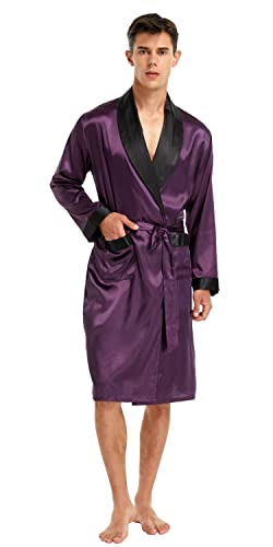Image of TONY AND CANDICE Men's Satin Robe Lightweight Long Sleeve Silk Kimono Bathrobe with Shorts Set Sleepwear