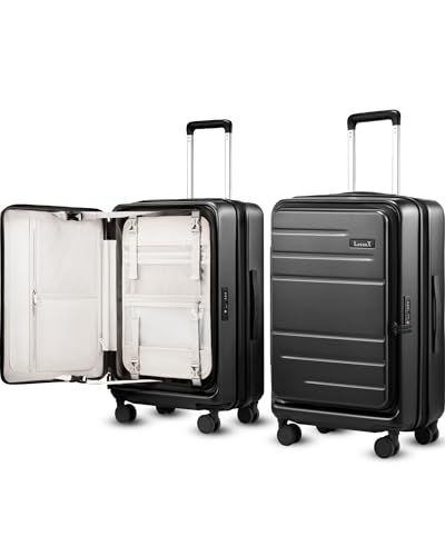 LUGGEX Checked Luggage with Spinner Wheels, FLO5 Top Opening Expandable Polycarbonate Hard Shell Suitcase with TSA Approved Lock (FX-Core, Black, 24 Inch)
