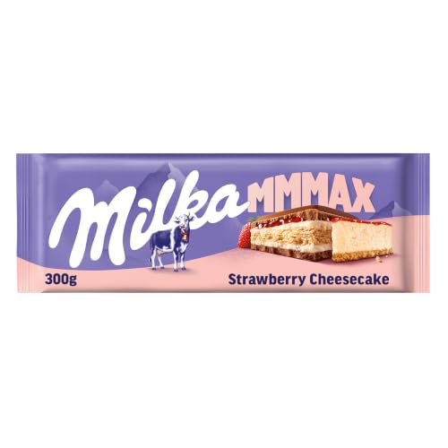 Milka MMMAX Tableta Grande de Chocolate Leche y Tarta de Queso, 300g | Tableta grande Milka de chocolate con leche, fresa, galleta y tarta de queso, para disfrutar en cualquier momento del día