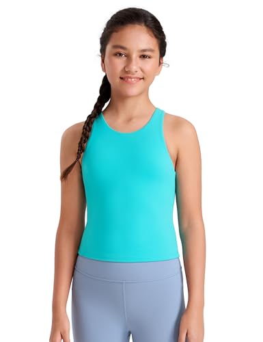 Image of CRZ YOGA Girls Butterluxe Double Lined Tank Top | Dance, Extremely Soft, Tight Fit, Waist Length, High Neck, Athletic, Sleeveless Shirts for Teen