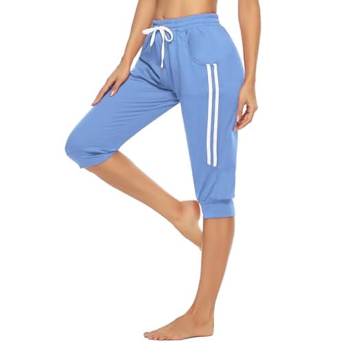 Marvmys Womens Cotton Capri Sweatpants Workout Running Cropped Jogger Pants with Pockets Blue XX-Large