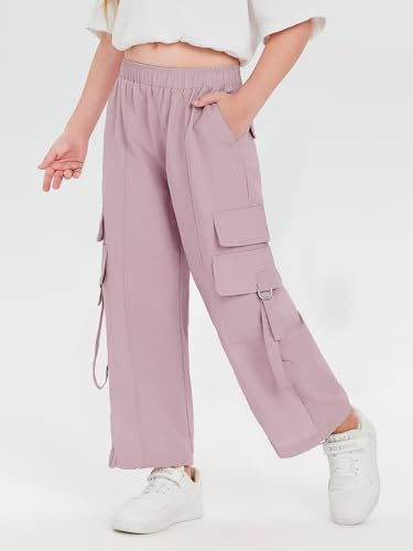 Image of Haloumoning Girls Parachute Pants Kids Wide Leg Cargo Pants Y2K Street Trousers with Pockets 5-14 Years