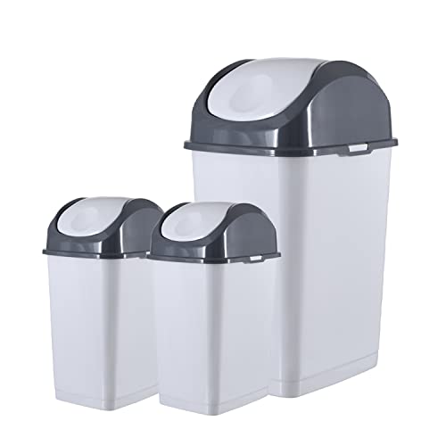 Image of Superio Swing Top Trash Can,Set of 3 Waste Bins for Home, Kitchen, Office, Bedroom, Bathroom, Ideal for Large or Small Spaces - White (White Smoke- 18 qt+2 5 qt)