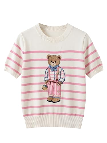 BEAUDRM Womens Teddy Bear Striped Sweaters Y2k Crew Neck Short Sleeve Going Out Knit Tops Summer Outfits Pink and White Large