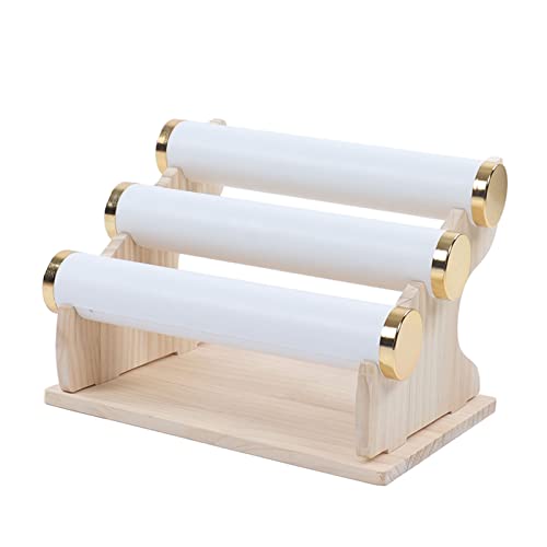 Porte Bracelet à 3 Niveaux, Support Latéral de Base en Bois, Présentoir à Bijoux Amovible avec 3 Tiges, Simili Cuir Souple pour Bracelet Chouchous (Blanc) Cover