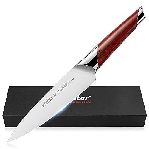 WELLSTAR Kitchen Utility Knife, 5 Inch Small Multi-purpose Chef Knife with Razor Sharp High Carbon German Stainless Steel Forged Blade and Natural Rosewood Handle in Gift Box, V-Style Series