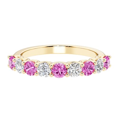14k Yellow Gold Lab Grown Pink Sapphire and Diamond Nine-Stone Half Eternity Ring, 1.70 Carat, September Birthstone, Anniversary Wedding Band, Birthday Gift for Women w/ Jewelry Box, Size 8