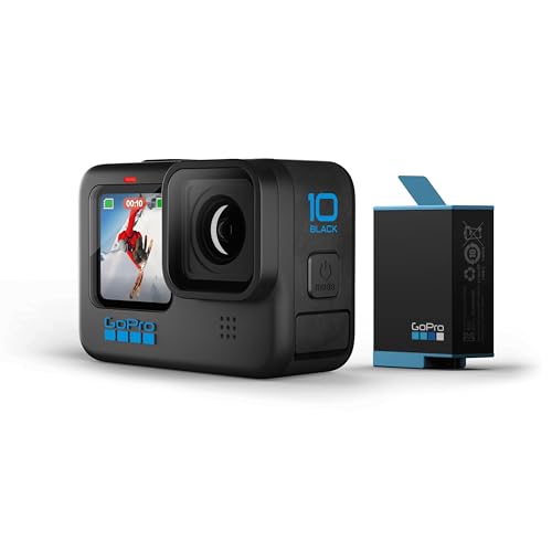 GoPro HERO10 ブラック + SDカードバンドル – Ecommパッケージ – 防水アクションカム、フロント/リアLCDタッチスクリーン、5.3K60 UHDビデオ、23MP、1080pライブストリーミング、64GB Extreme microSDHC UHS-I アダプター付き