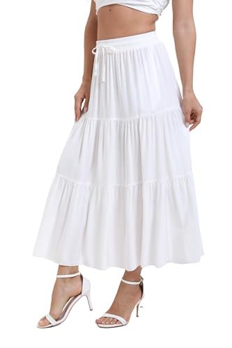 Women's Summer Elastic High Wasited Long Skirt A-Line Ruffle Tired Flowy Swing Ankle Length Skirts Casual Beach2
