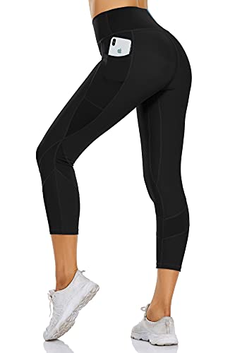 OUYISHANG High Waisted Yoga Capri Leggings with Pockets for Women Workout Capris for Women Capri Yoga Pants for Women Running Ribbed Athletic Gym Leggings Black L