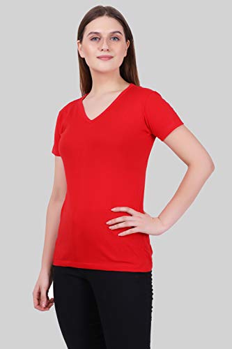 Image of FLEXIMAA Women's Cotton Plain V Neck Half Sleeve T-Shirt