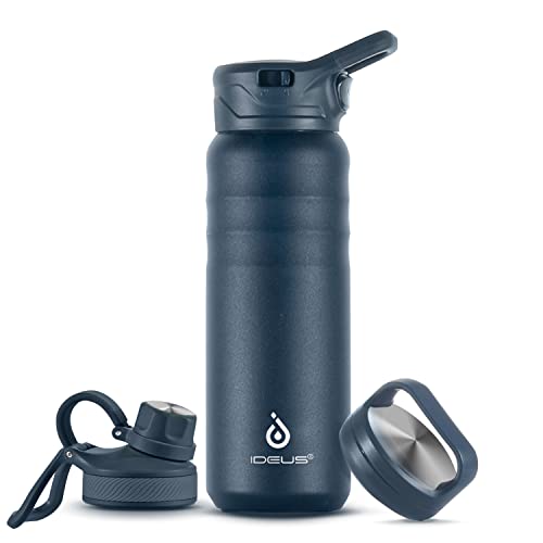 IDEUS Vacuum Insulated Water Bottle, 24 oz Stainless Steel Water Bottles with Straw, Chug and Spout Lid, Reusable Metal Water Bottle Leak Proof Gym Water Bottle, BPA-Free(Blue)