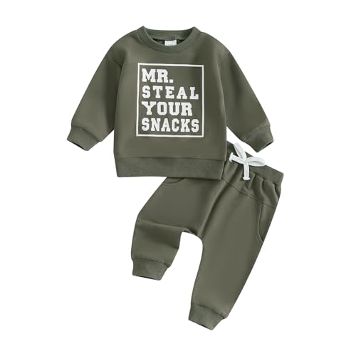 Image of Carolilly Toddler Baby Boys Outfits T-Shirt Long Sleeve Letter Print Sweatshirts Pullover + Pocket Pants Set 2PCs Contrast Color Outfits Tracksuit Boys Clothing Sets (Army Green, 3-4 Years)
