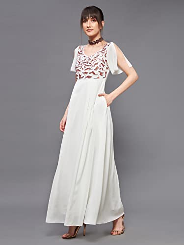 Image of Miss Chase Women's Round Neck Sleeve Embellished Fit Flare Maxi Dress
