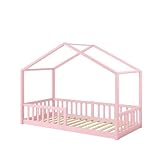Bellabino Bia Kinderbett 90x200 cm – Hausbett mit Matratze, Rausfallschutz & Lattenrost – Montessori Bodenbett aus Massivholz Kiefer – Kinder Bett in Rosa für Jungen und Mädchen