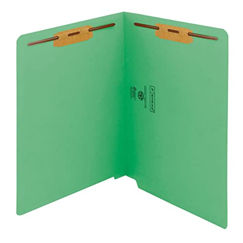 Image of Smead End Tab Fastener File Folder, Shelf-Master Reinforced Straight-Cut Tab, 2 Fasteners, Letter Size, Green, 50 per Box (25140)