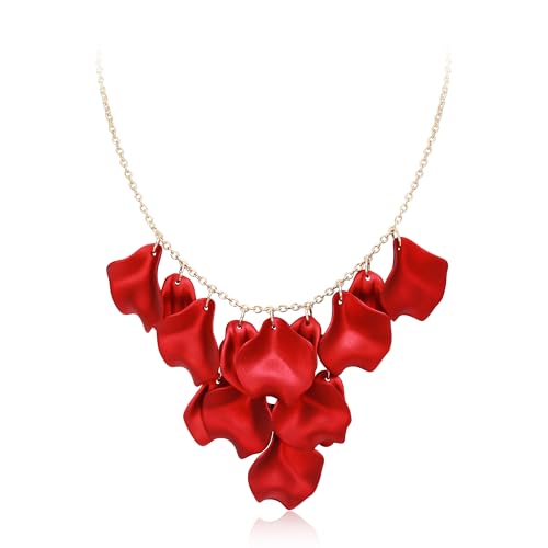 Flyonce Red Flower Petal Necklace for Women, Floral Rose Petals