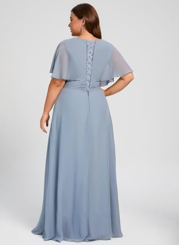 Dessiny Flutter Sleeves Plus Size Bridesmaid Dresses with Slit Chiffon V Neck Formal Party Dresses 2025 DE542