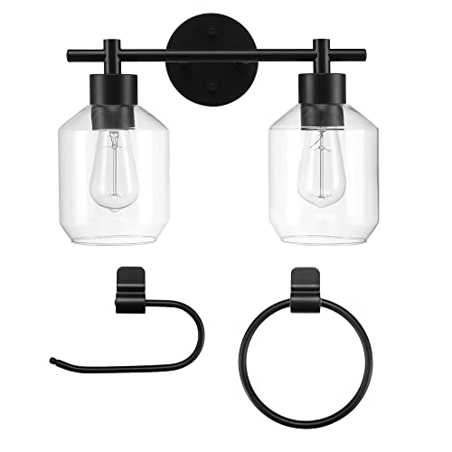 Image of Globe Electric 3-Piece Powder Room Set, Matte Black, 2-Light Vanity with Clear Glass Shades and Matching Hardware, 51850