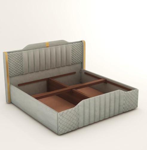 Image of Modern Upholstered King Size Bed with Storage | Double Bed with Box Storage & Upholstery Premium Fabric Headboard | Platform Bed for Bedroom & Hotel, Sheesham Wood, Grey, 6.5 x 6 Ft
