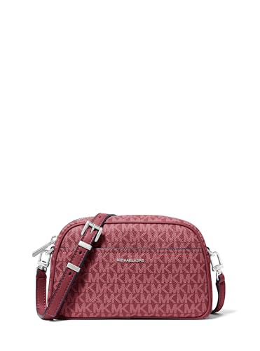 Michael Kors Bolsa transversal pequena para câmera Jet Set, ferragens prateadas/tonal MK Signature Coated Twill/Oxblood