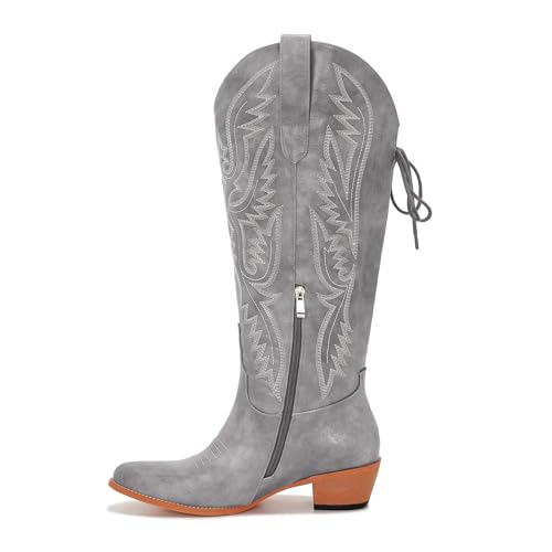 Image of Uillnoodu Wide Calf Cowboy Boots Women Adjustable Lace Up Knee High Tall Plus Size Cowgirl Boots Western Style Comfortable 2-Inch Heel
