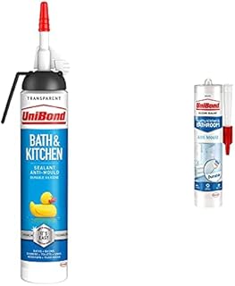 UniBond 2646327 Bath & Kitchen Sealant, Mould Resistant Transparent Silicone Sealant, 1x208g & 2079356 Anti-Mould White, Waterproof Mould Protection Kitchen & Bathroom Sealant, 1 x 274g Cartridge