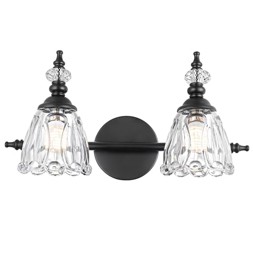 Image of Matte Black Vanity Light, Farmhouse Bathroom Light Fixtures, 2 Light Bathroom Vanity Lights, Flower Glass Shade Wall Sconce Lighting