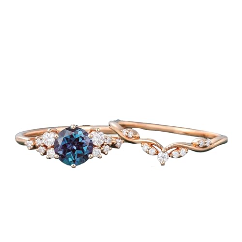 1.0 ct Round Cut Gemstone Engagement Ring For Women 2 pcs Unique Art Deco Curved Wedding Ring Set 10K 14K 18K Gold Nature Inspired Ring Wedding Anniversary Ring Set3
