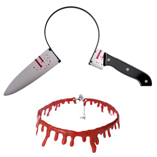Kuloral Halloween Costumes Accessories Headband Necklace Set - 2 PCS Bloody Halloween Props Knife Headband Blood Drip Choker Necklace Scary Headwear Zombie Costume Party Cosplay