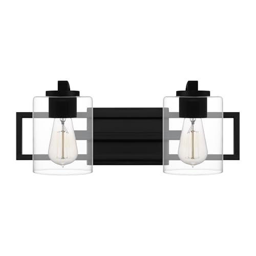 Image of Quoizel Lansdowne Modern Bath Vanity Lights,18.25 Inch 2-Light Matte Black Lighting Fixtures Over Mirror, Clear Glass Shade, 100W, Decorative Wall Light for Bathroom, Dresser, Kitchen or Hallway