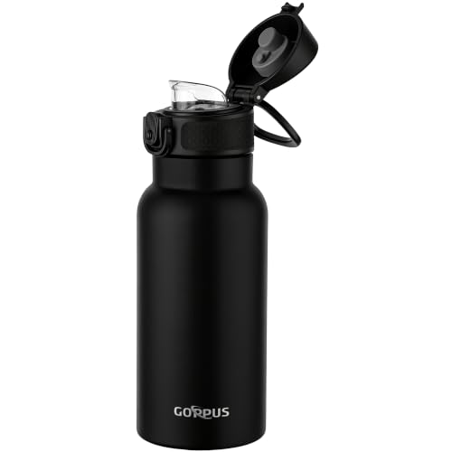 Image of GOPPUS 17oz Insulated Water Bottle with Leak-Proof Flip Lid & Carry Handle,Double-Wall Stainless Steel Bottle for School,Outdoor,and the Gym（Black）