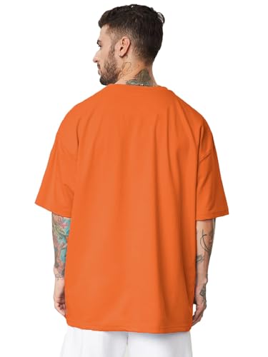 Image of LEOTUDE Men Half Sleeve Round Neck Graphic Font Printed Cottonblend Oversized Tshirts (Colour: Orange)