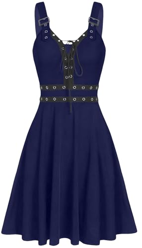 FEOYA Women's Retro Western Sleeveless Costumes Plus Size Lace Up Dress Witchy V Neck Dresses Party Prom Gothic Sundress Navy Blue L