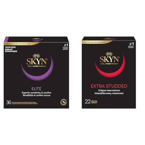 SKYN Elite – 36 Count – Ultra-Thin, Lubricated Latex-Free Condoms & Extra Studded Condoms Non-Latex Ultra Thin Natural Feel with SKYNFEEL Technology 22 Count Box