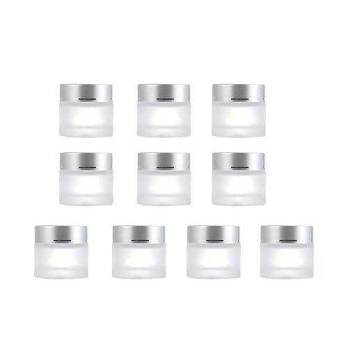 10 Pack 10ml/0.34Oz Refillable Frosted Glass Jars with Silver Lids Leakproof Travel Bottles Mini Cosmetic Sample Containers for Eye Cream, Lip Balm, Facial Balm, Sample Storage