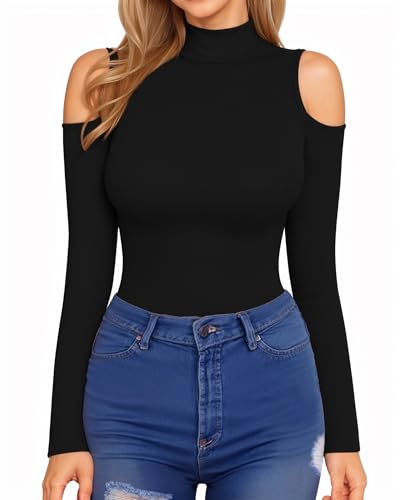 HERLOLLYCHIPS Mock Neck Tops for Women Cold Shoulder Long Sleeve Ribbed Knit Tight Stretchy Sexy Dressy Casual T-Shirts