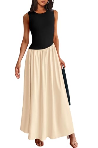 PRETTYGARDEN Women's Maxi Sundress Casual Summer 2025 Sleeveless Asymmetrical Drop Waist Patchwork Long Flowy Tank Dresses (Beige Black,X-Large)