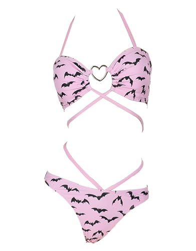 MEOWCOS Gothic Bat Pink Bikini Set Swimsuit Heart Buckle Halter Lace-up Top and Triangle Panty Bathing Suit Swimwear