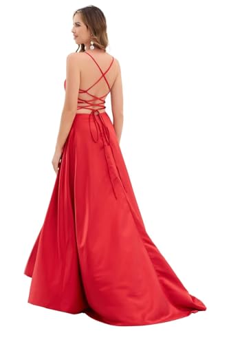 Image of Women's satinprome Dress Long Train Side Slit Satin for Teens Strap Spaghetti Backless with Pockets Red 8