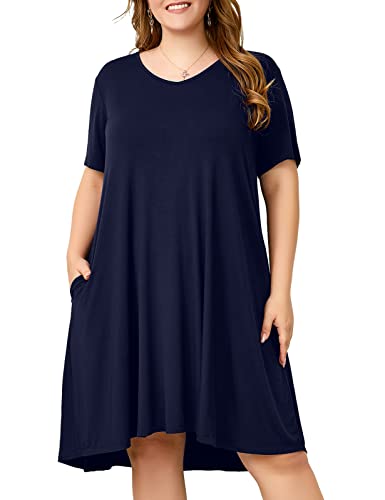Image of OVERWORETY Womens Short Sleeve Plus Size T-Shirt Dress V Neck Casual Loose Swing A-Line Summer Tunic Dresses with Pockets