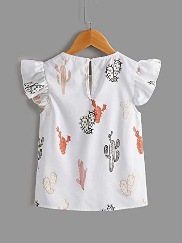 Sweatyrocks Girl's Casual Cap Sleeve Round Neck Shirt Graphic Print Ruffle Summer Blouse Top White 8Y #TOP1